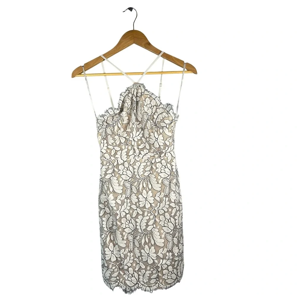 Lulus‎ Lace Bodycon Mini Dress White Beige Spaghetti Strap Halter XS